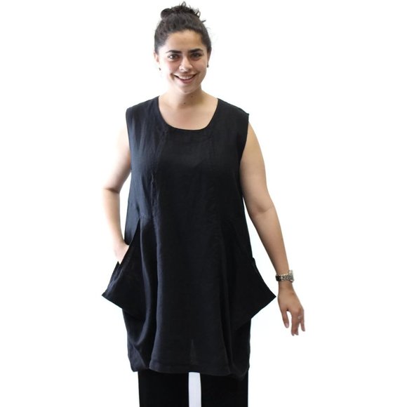 Mosaic USA Women's Big Pocket Sleeveless Linen Tunic  Black - Picture 3 of 6